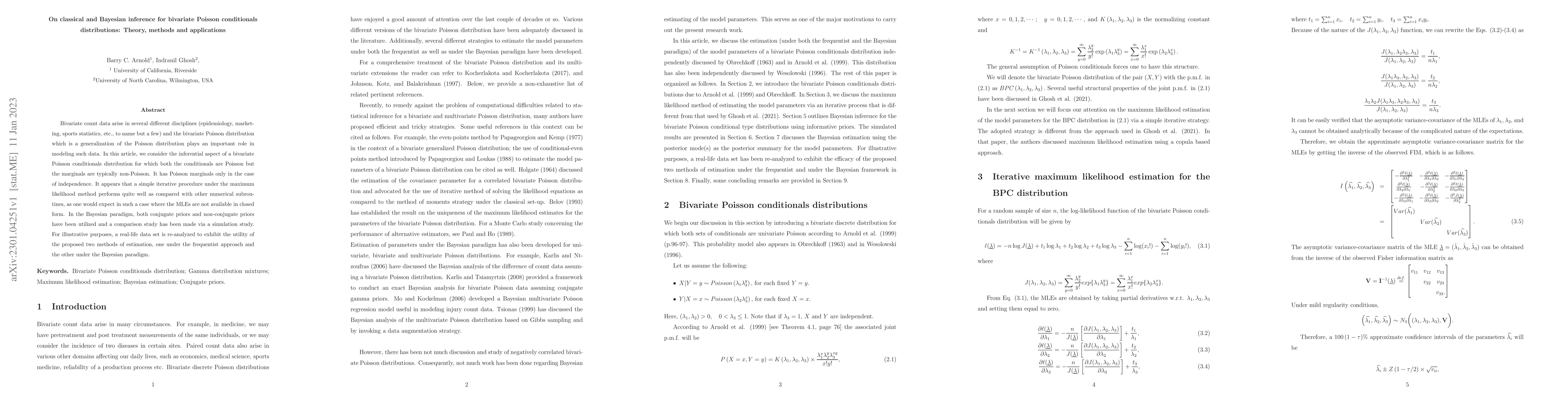Thumbnail for On classical and Bayesian inference for bivariate Poisson conditionals
  distributions: Theory, methods and applications
