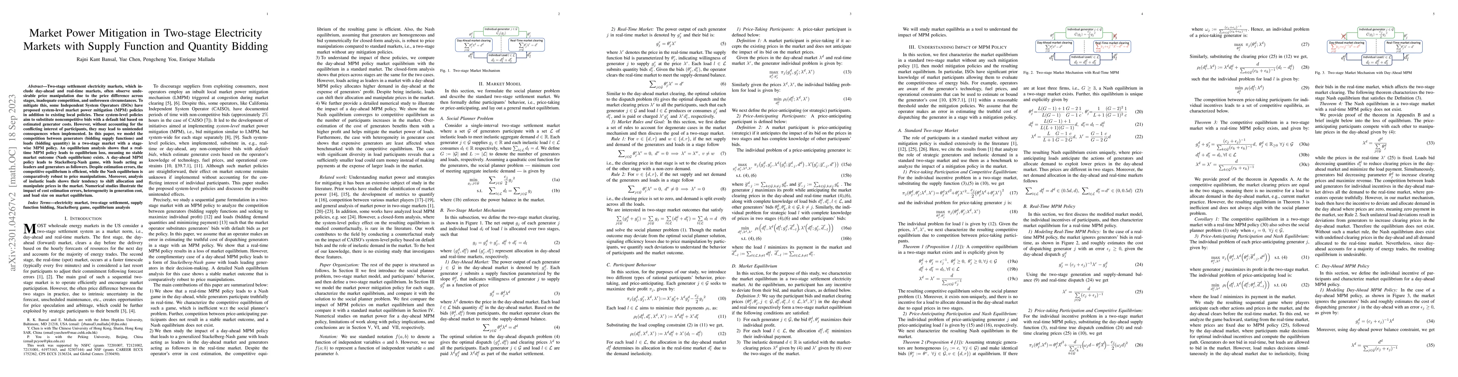 Thumbnail for Market Power Mitigation in Two-stage Electricity Market with Supply
  Function and Quantity Bidding