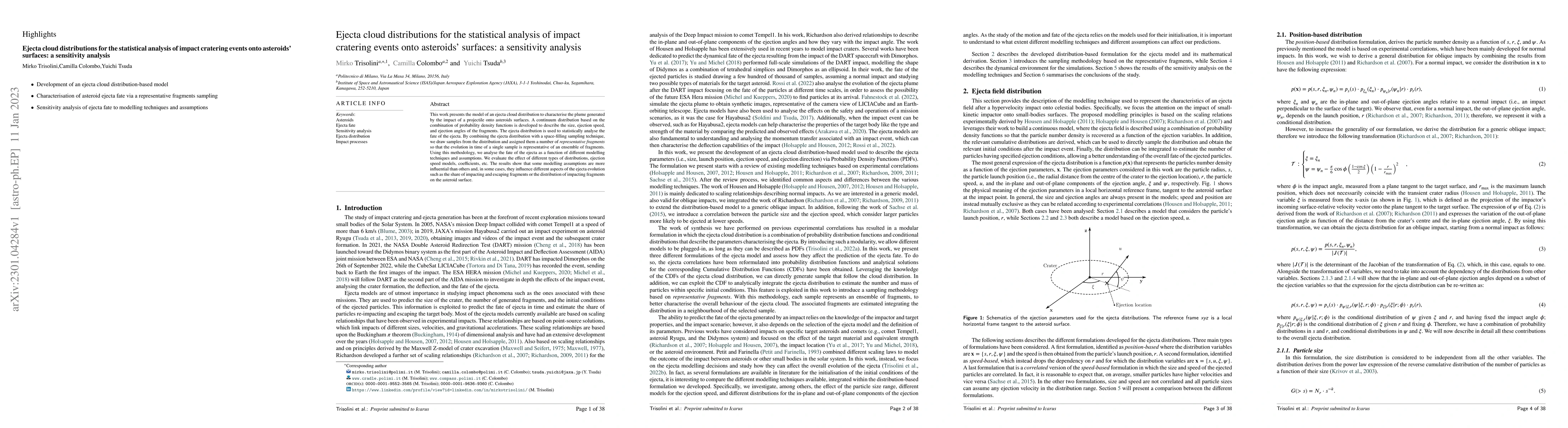 Thumbnail for Ejecta cloud distributions for the statistical analysis of impact
  cratering events onto asteroids' surfaces: a sensitivity analysis