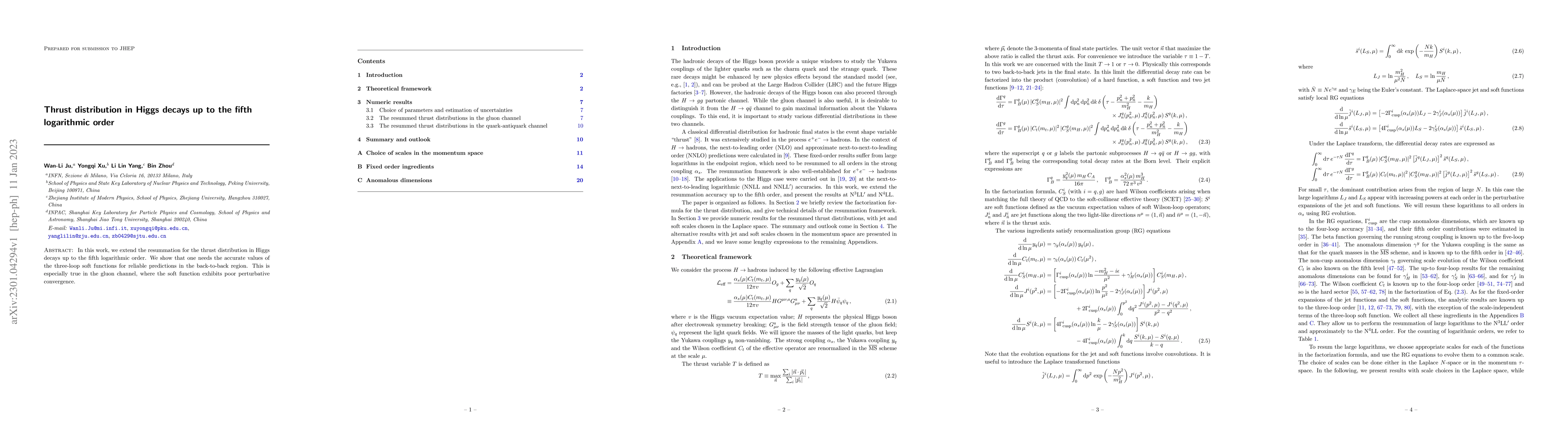 Thumbnail for Thrust distribution in Higgs decays up to the fifth logarithmic order