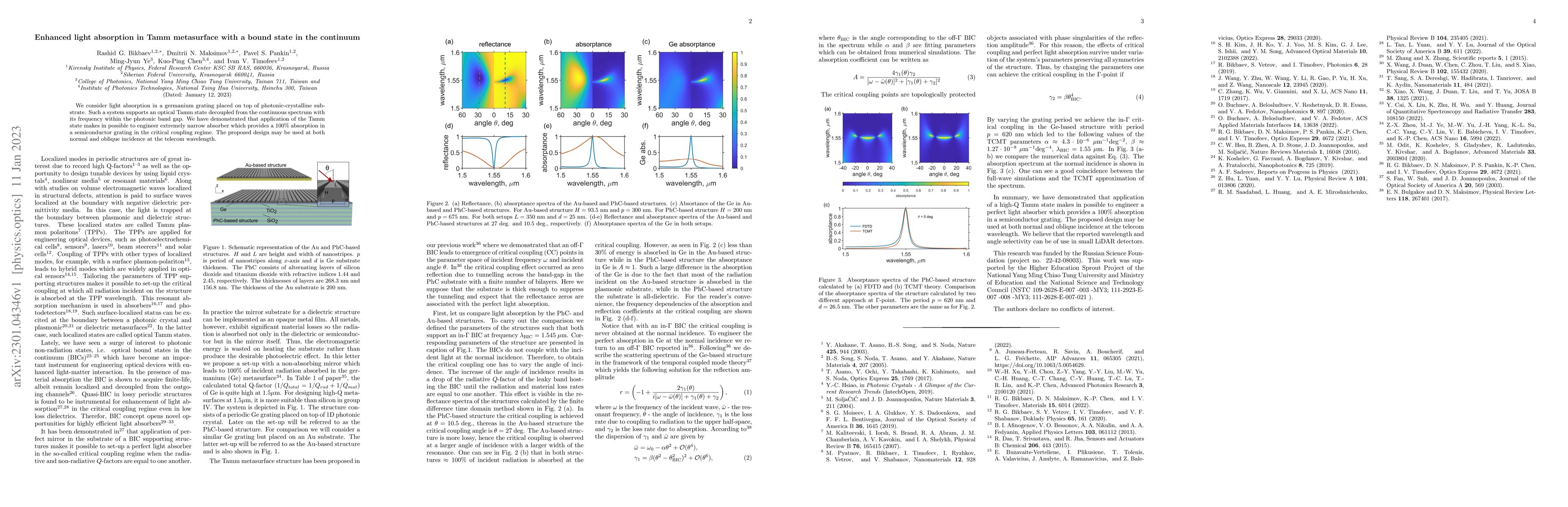 Thumbnail for Enhanced light absorption in Tamm metasurface with a bound state in the
  continuum
