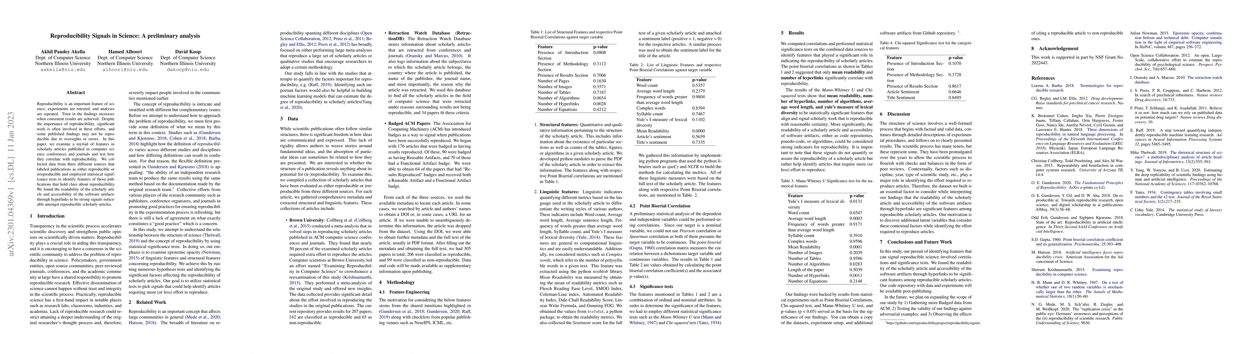 Thumbnail for Reproducibility Signals in Science: A preliminary analysis