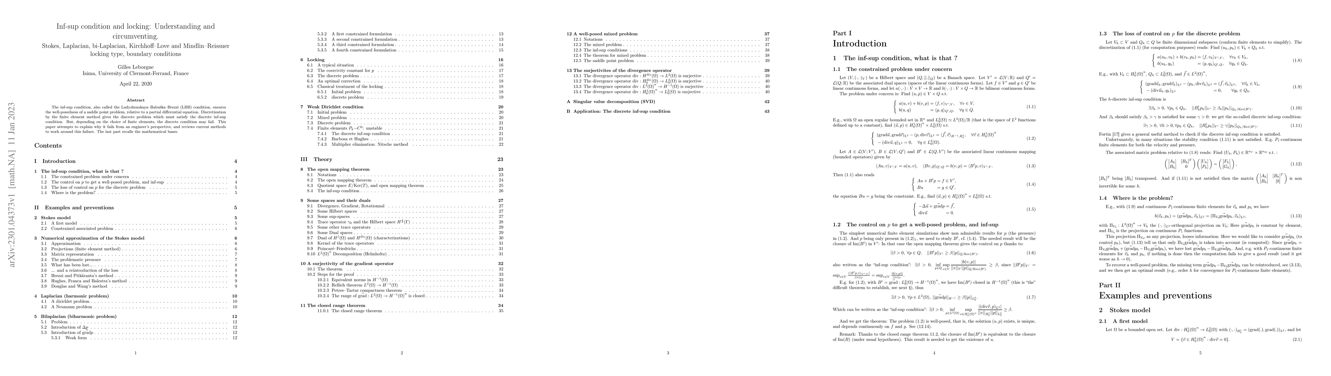 Thumbnail for Inf-sup condition and locking: Understanding and circumventing. Stokes,
  Laplacian, bi-Laplacian, Kirchhoff--Love and Mindlin--Reissner locking type,
  boundary conditions