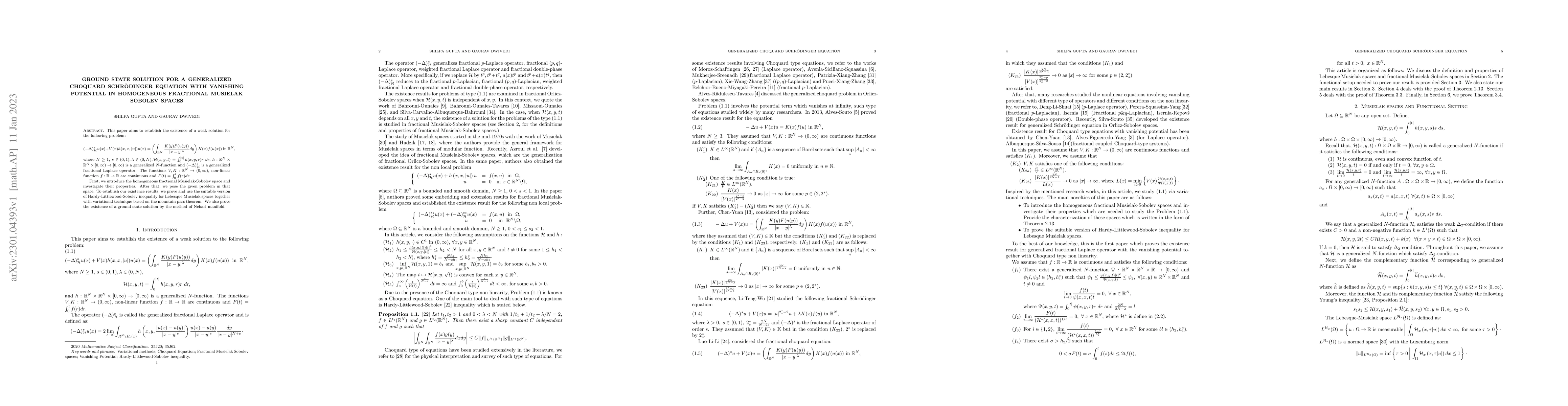 Thumbnail for Ground state solution for a generalized Choquard Schrodinger equation
  with vanishing potential in homogeneous fractional Musielak Sobolev spaces