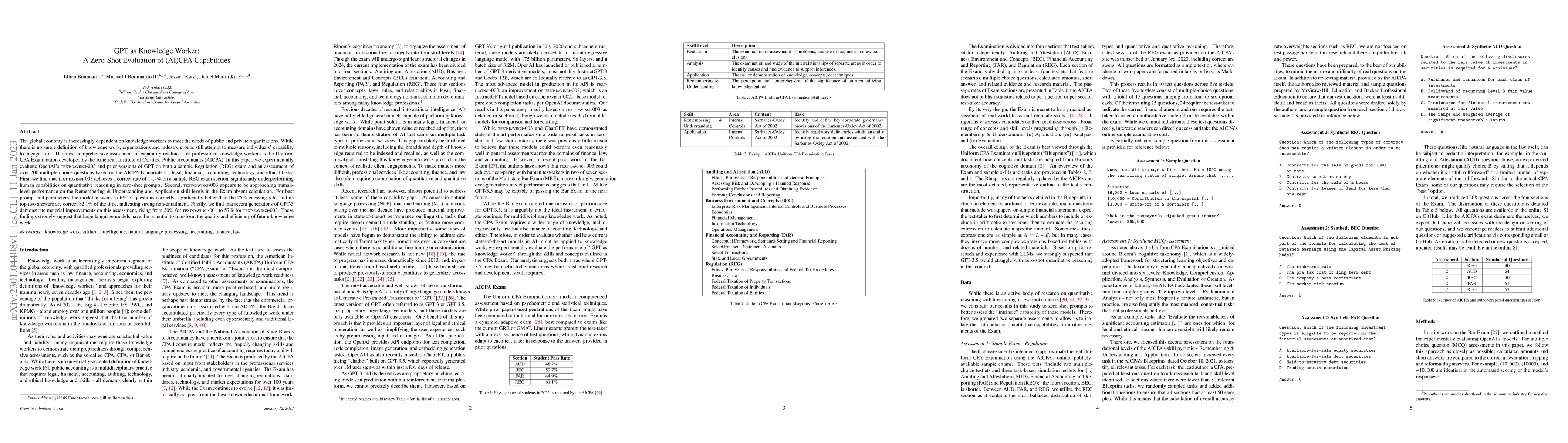Thumbnail for GPT as Knowledge Worker: A Zero-Shot Evaluation of (AI)CPA Capabilities