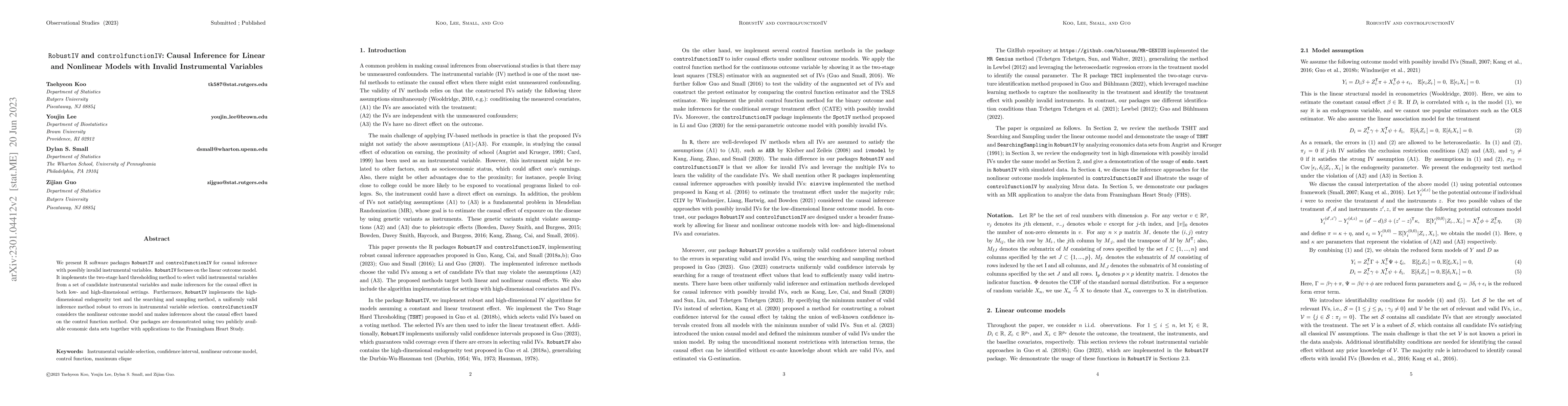 Thumbnail for RobustIV and controlfunctionIV: Causal Inference for Linear and
  Nonlinear Models with Invalid Instrumental Variables