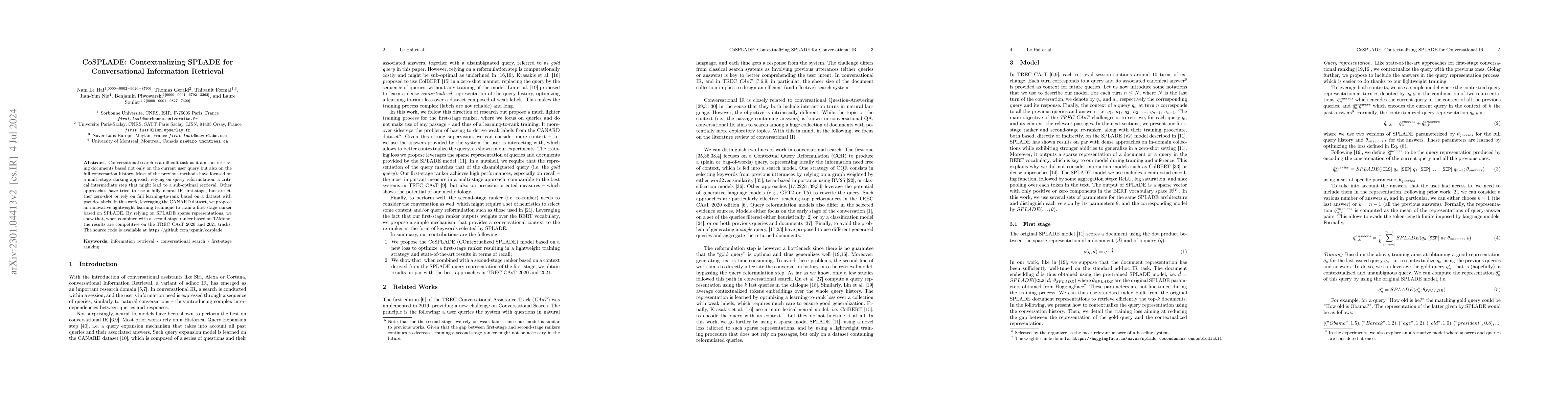 Thumbnail for CoSPLADE: Contextualizing SPLADE for Conversational Information
  Retrieval