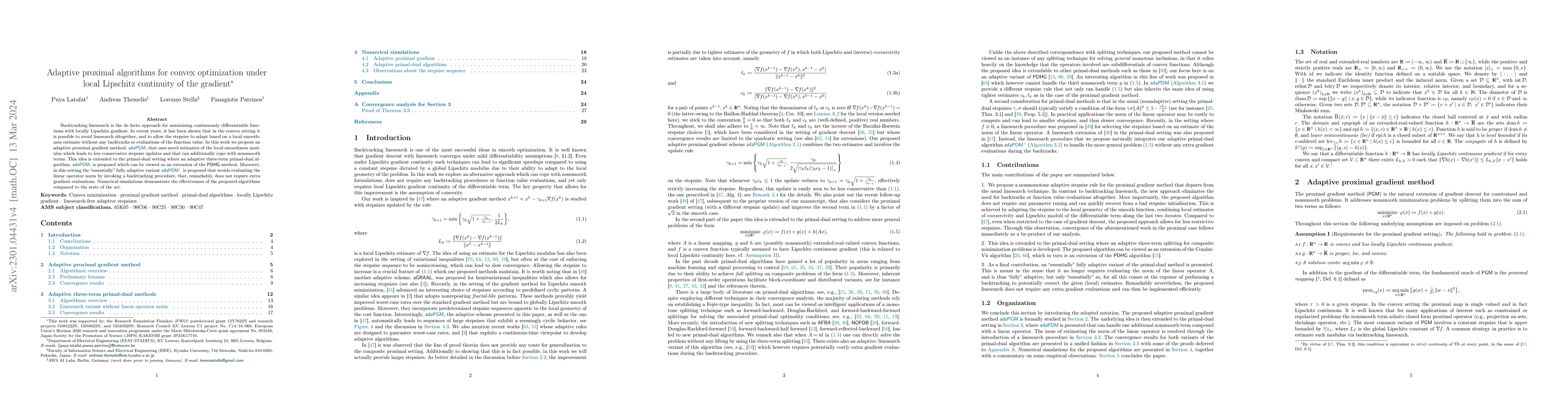 Thumbnail for Adaptive proximal algorithms for convex optimization under local
  Lipschitz continuity of the gradient