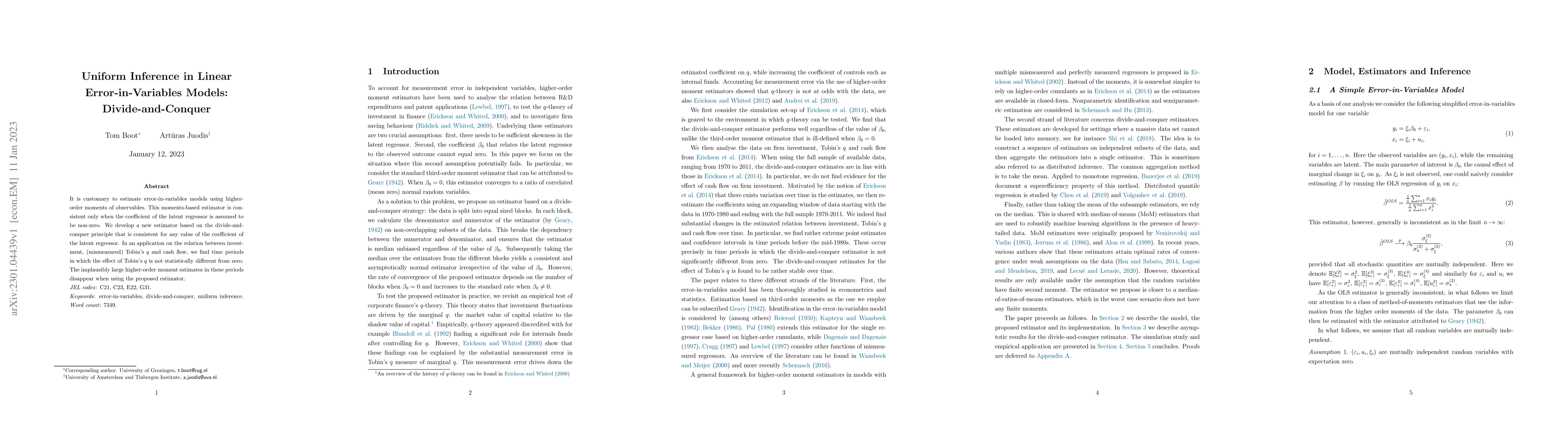 Thumbnail for Uniform Inference in Linear Error-in-Variables Models:
  Divide-and-Conquer
