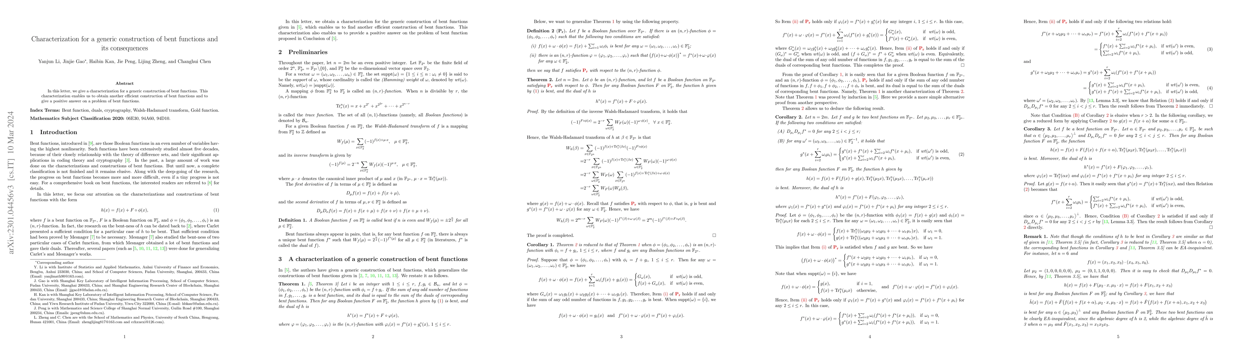 Thumbnail for Characterization for a generic construction of bent functions and its
  consequences