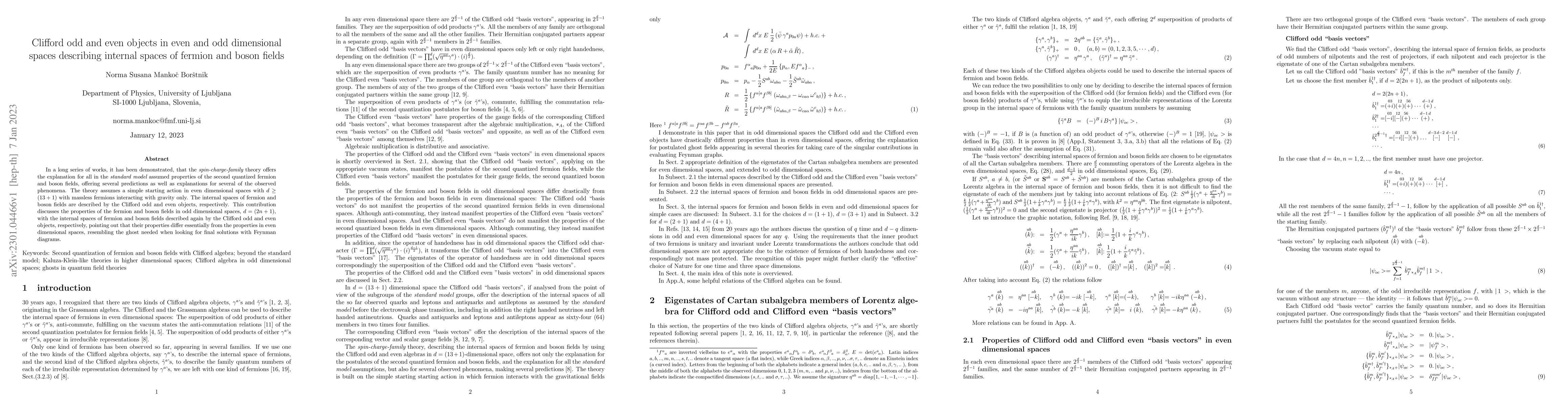 Thumbnail for Clifford odd and even objects in even and odd dimensional spaces
  describing internal spaces of fermion and boson fields