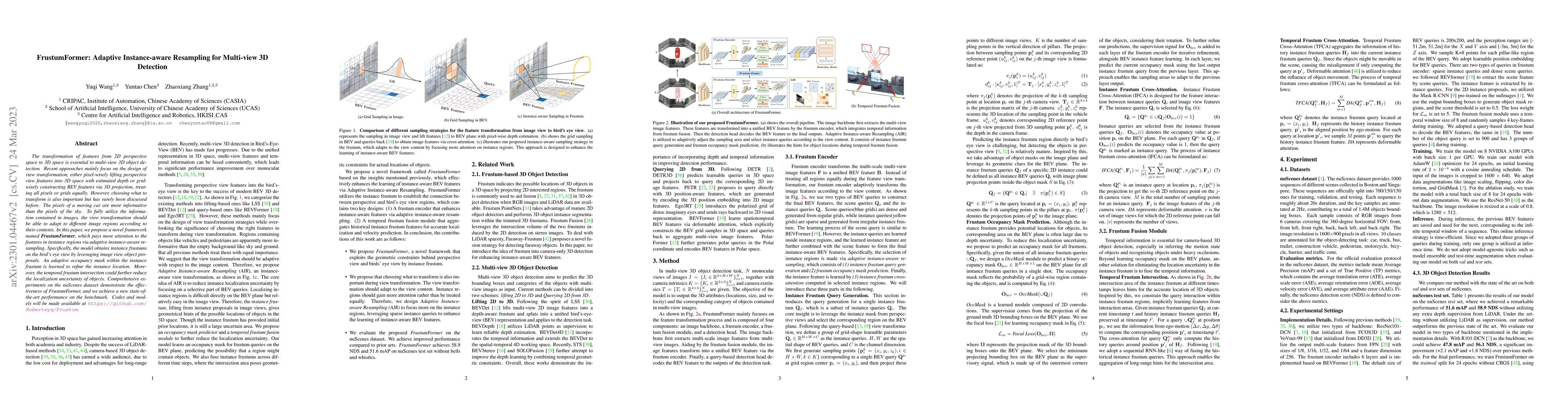 Thumbnail for FrustumFormer: Adaptive Instance-aware Resampling for Multi-view 3D
  Detection