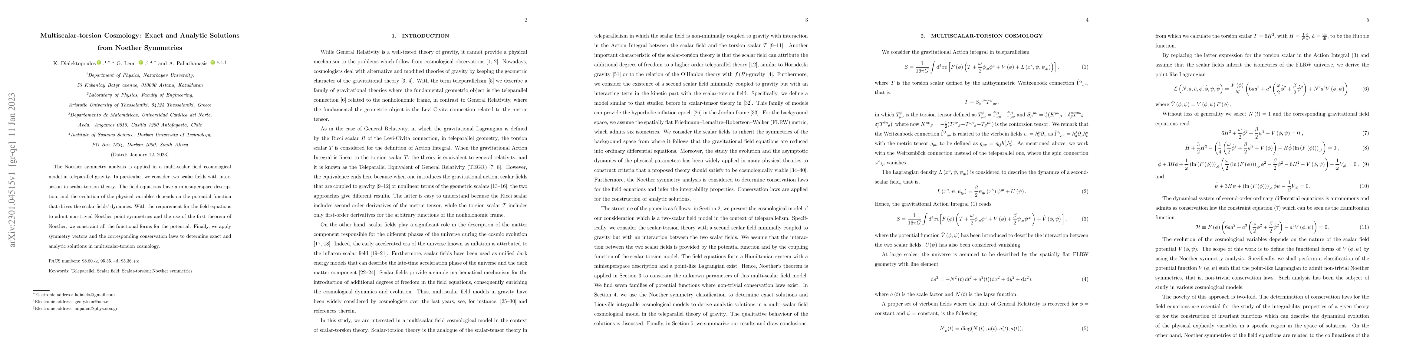 Thumbnail for Multiscalar-torsion Cosmology: Exact and Analytic Solutions from Noether
  Symmetries