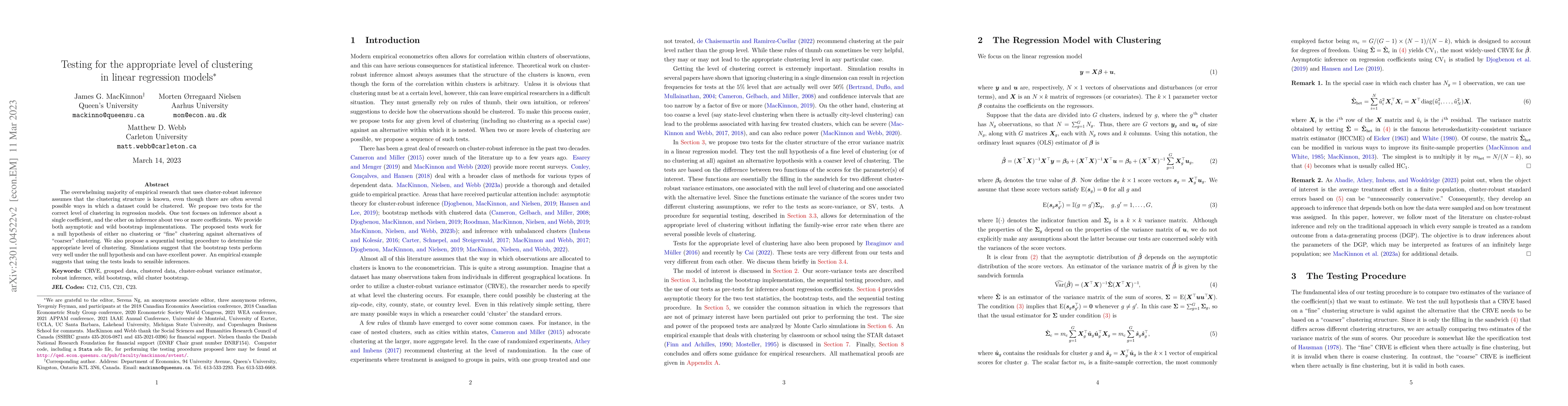 Thumbnail for Testing for the appropriate level of clustering in linear regression
  models