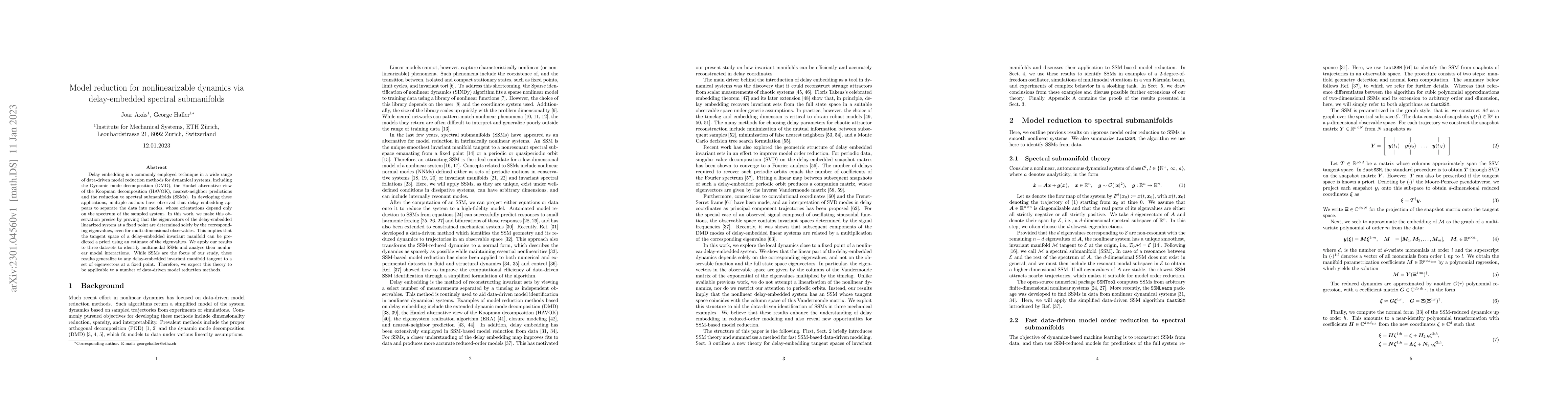 Thumbnail for Model reduction for nonlinearizable dynamics via delay-embedded spectral
  submanifolds