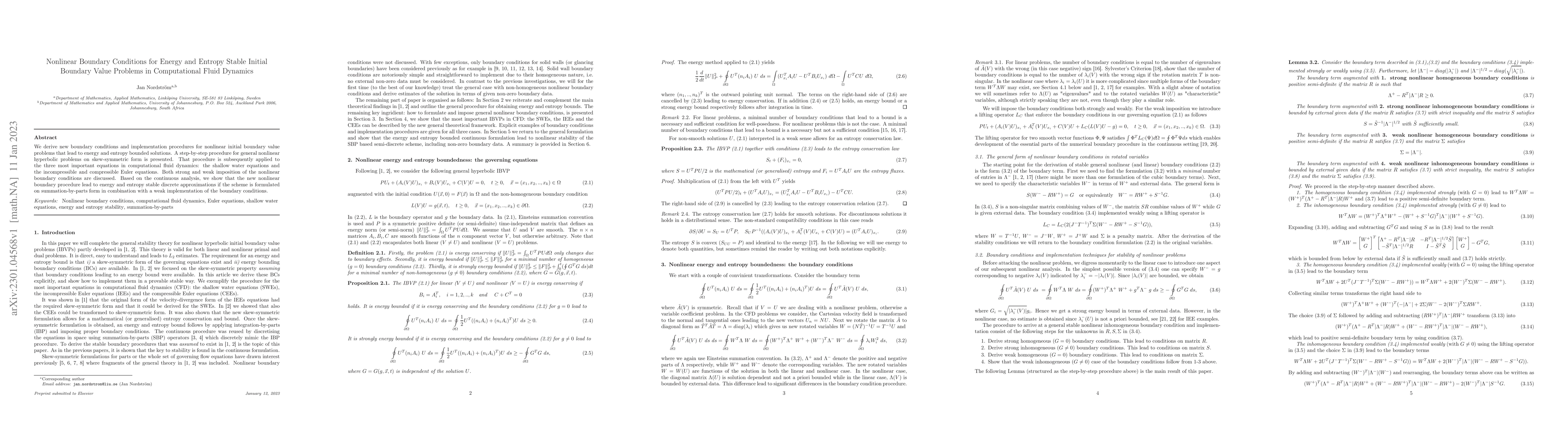 Thumbnail for Nonlinear Boundary Conditions for Energy and Entropy Stable Initial
  Boundary Value Problems in Computational Fluid Dynamics