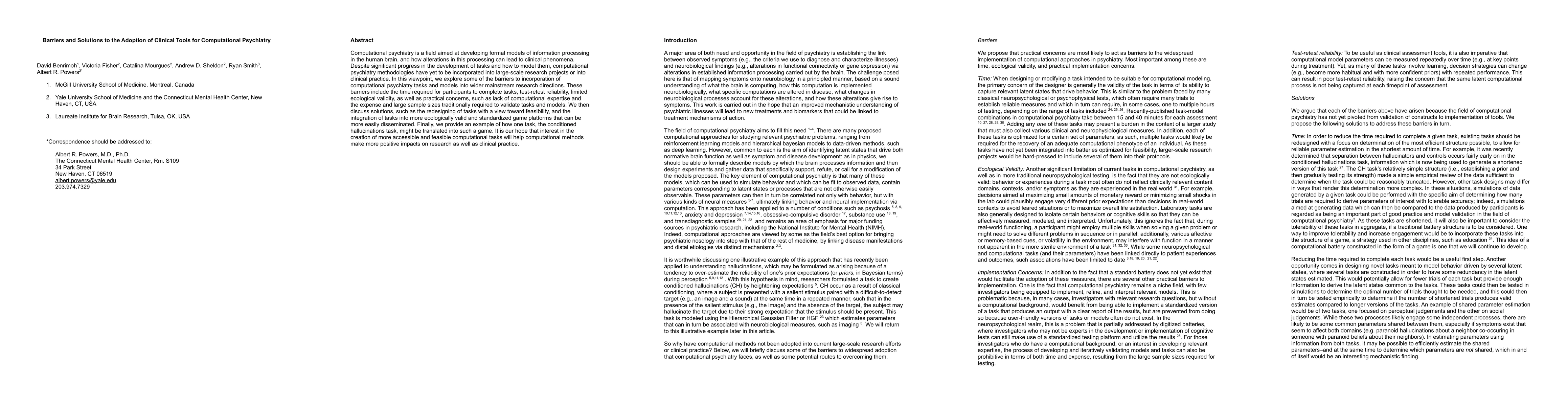 Thumbnail for Barriers and Solutions to the Adoption of Clinical Tools for
  Computational Psychiatry