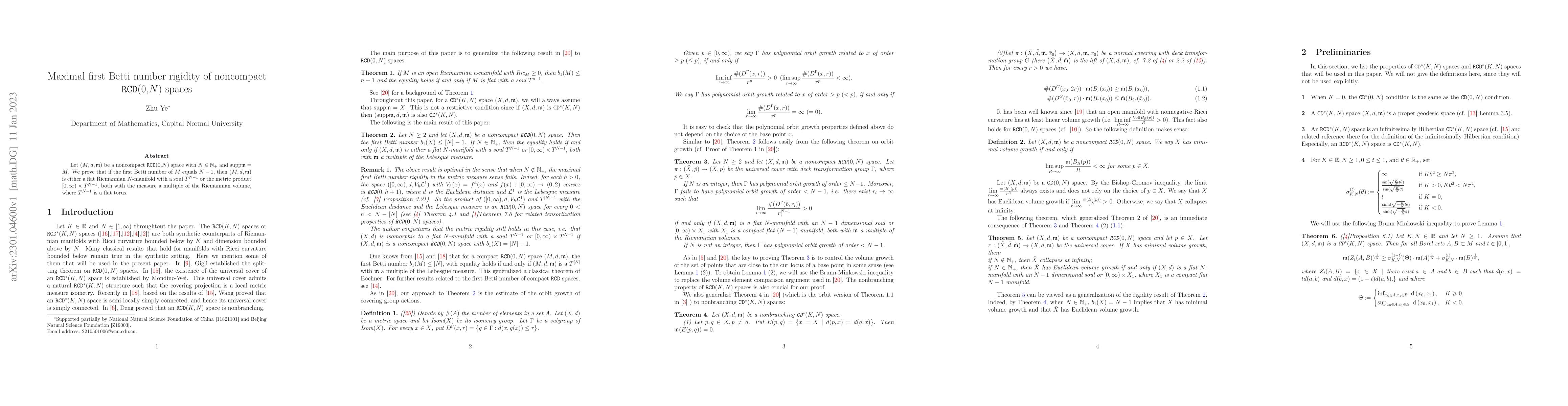 Thumbnail for Maximal first Betti number rigidity of noncompact $\texttt{RCD}(0,N)$
  spaces