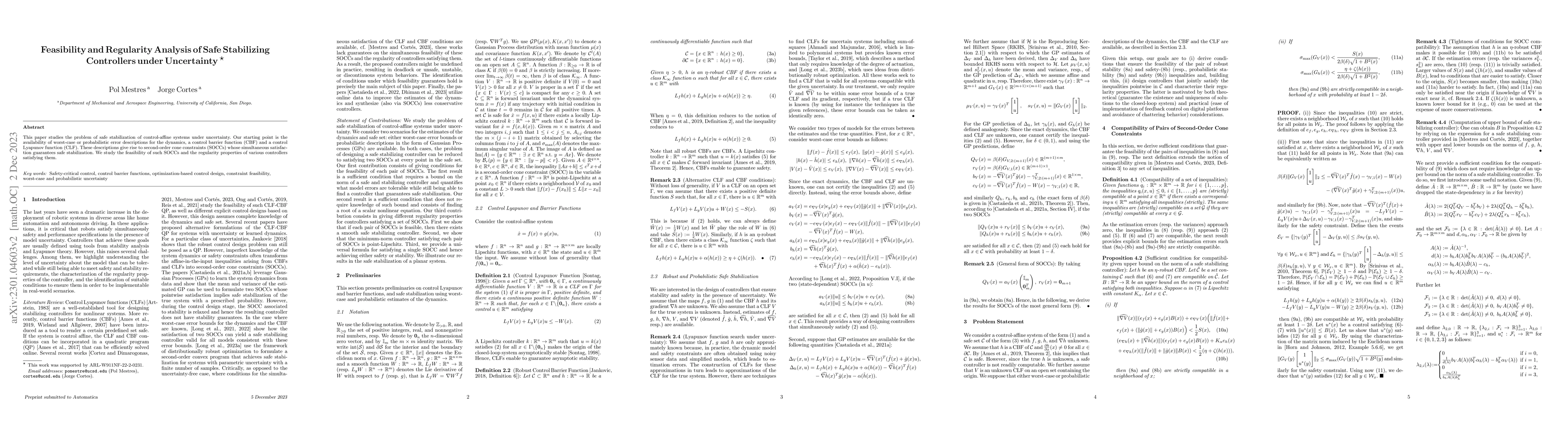 Thumbnail for Feasibility and Regularity Analysis of Safe Stabilizing Controllers
  under Uncertainty