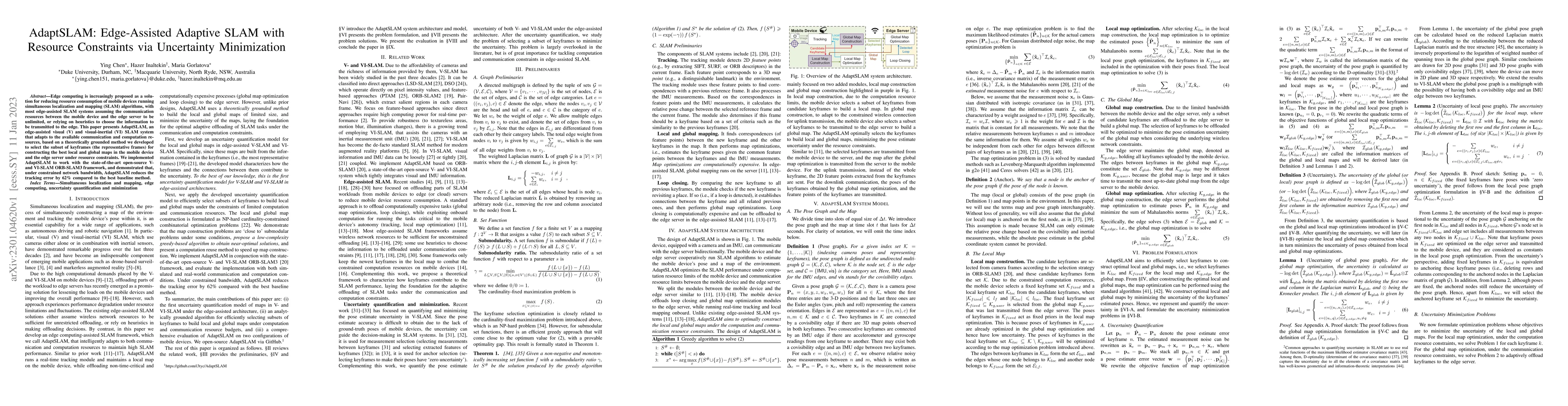 Thumbnail for AdaptSLAM: Edge-Assisted Adaptive SLAM with Resource Constraints via
  Uncertainty Minimization