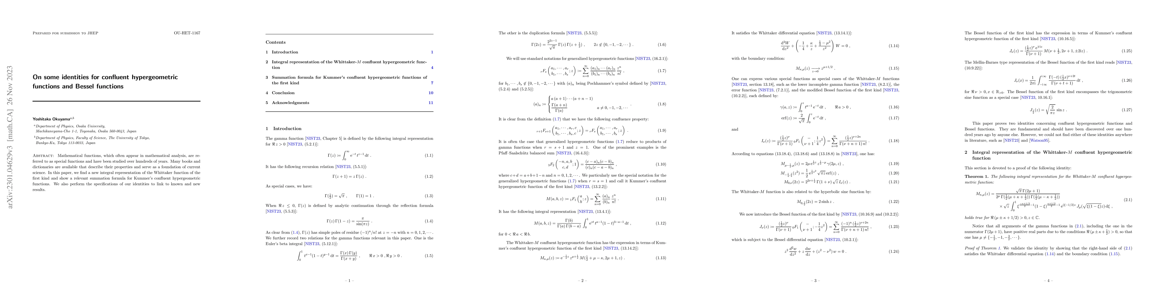 Thumbnail for On some identities for confluent hypergeometric functions and Bessel
  functions