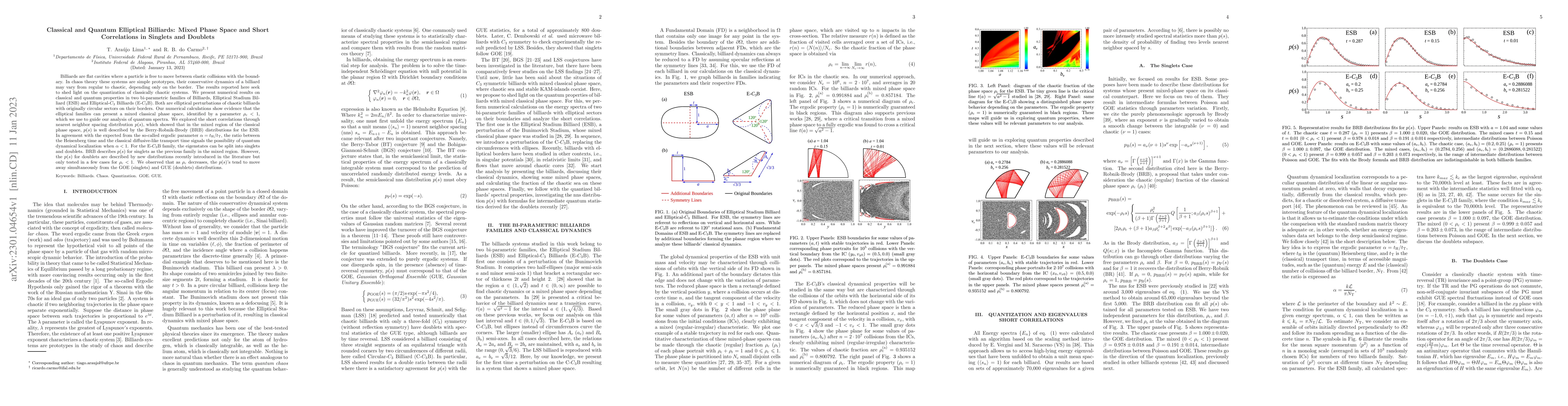 Thumbnail for Classical and Quantum Elliptical Billiards: Mixed Phase Space and Short
  Correlations in Singlets and Doublets