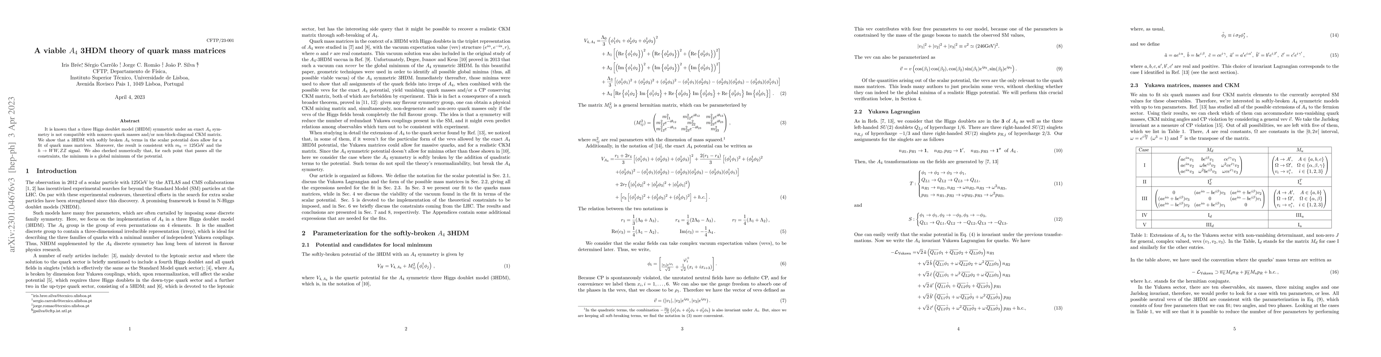 Thumbnail for A viable $A_4$ 3HDM theory of quark mass matrices