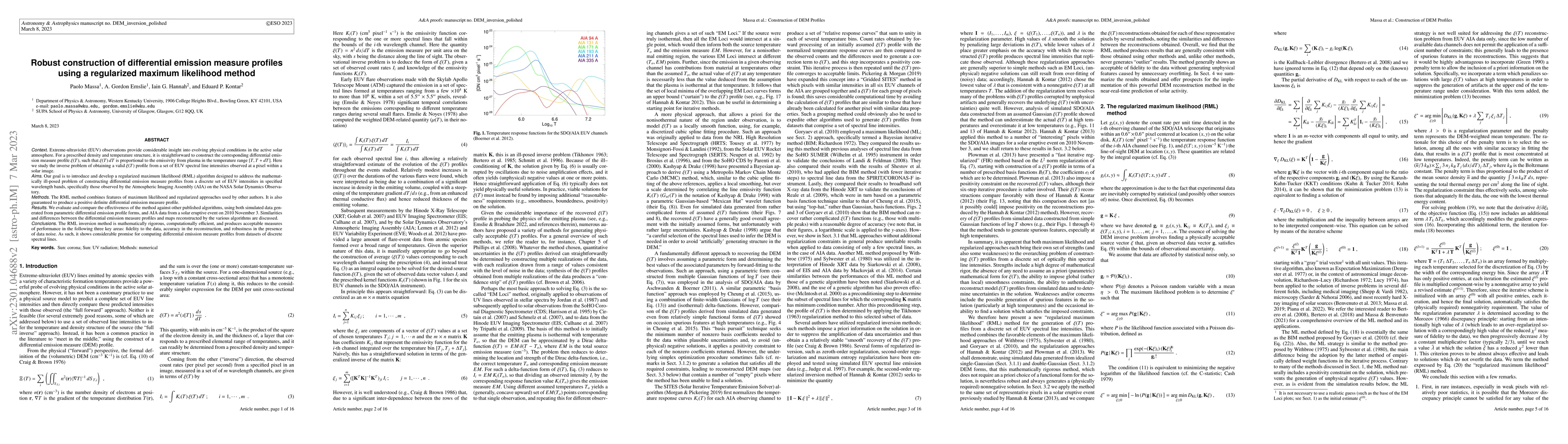 Thumbnail for Robust construction of differential emission measure profiles using a
  regularized maximum likelihood method