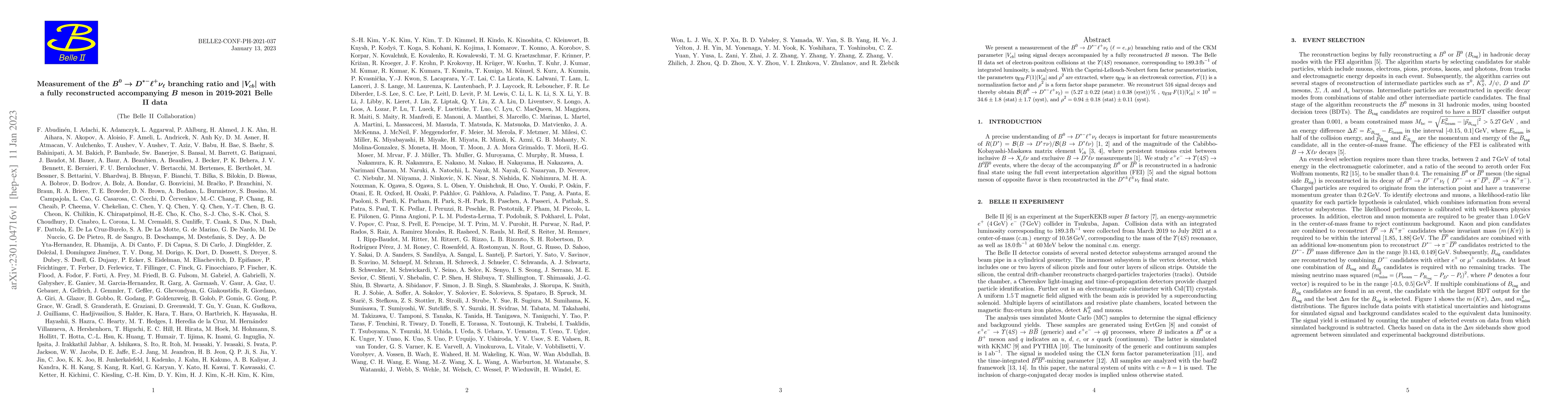 Thumbnail for Measurement of the $B^{0} \rightarrow D^{*-} \ell^{+} \nu_{\ell}$
  branching ratio and $|V_{cb}|$ with a fully reconstructed accompanying $B$
  meson in 2019-2021 Belle II data