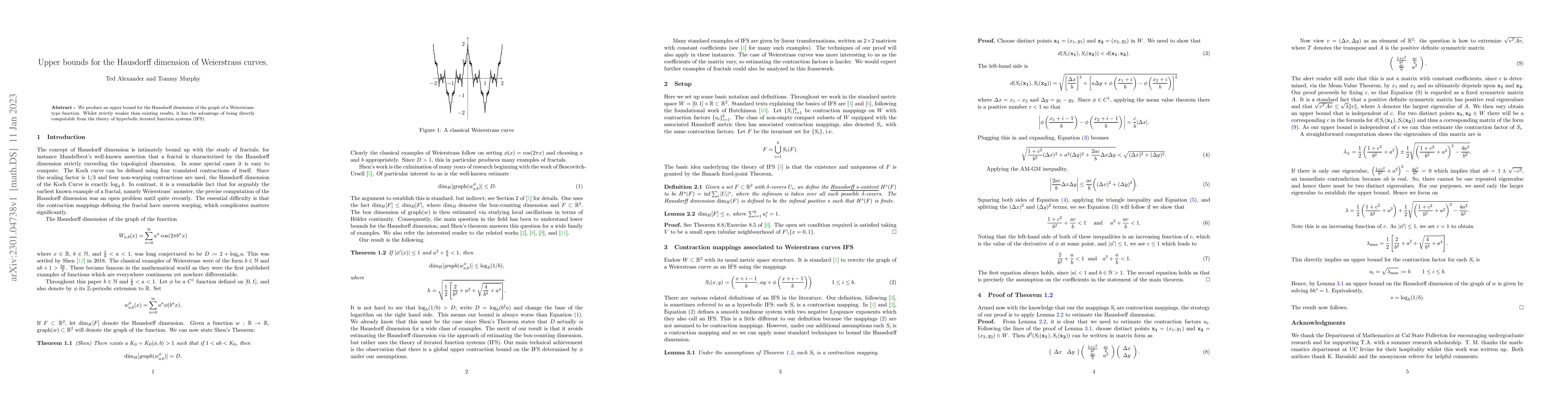 Thumbnail for Upper bounds for the Hausdorff dimension of Weierstrass curves