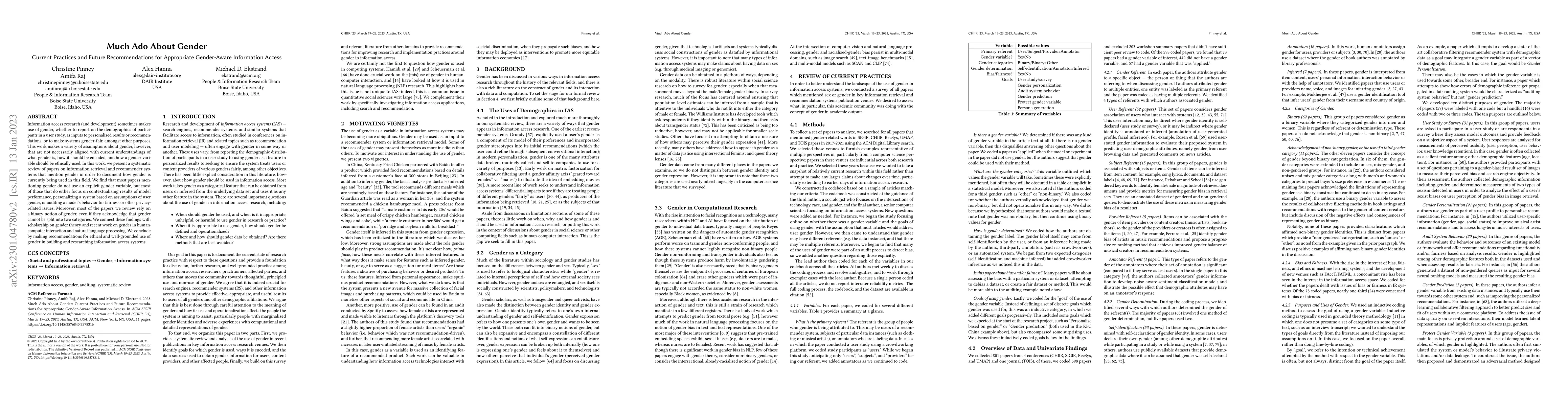 Thumbnail for Much Ado About Gender: Current Practices and Future Recommendations for
  Appropriate Gender-Aware Information Access