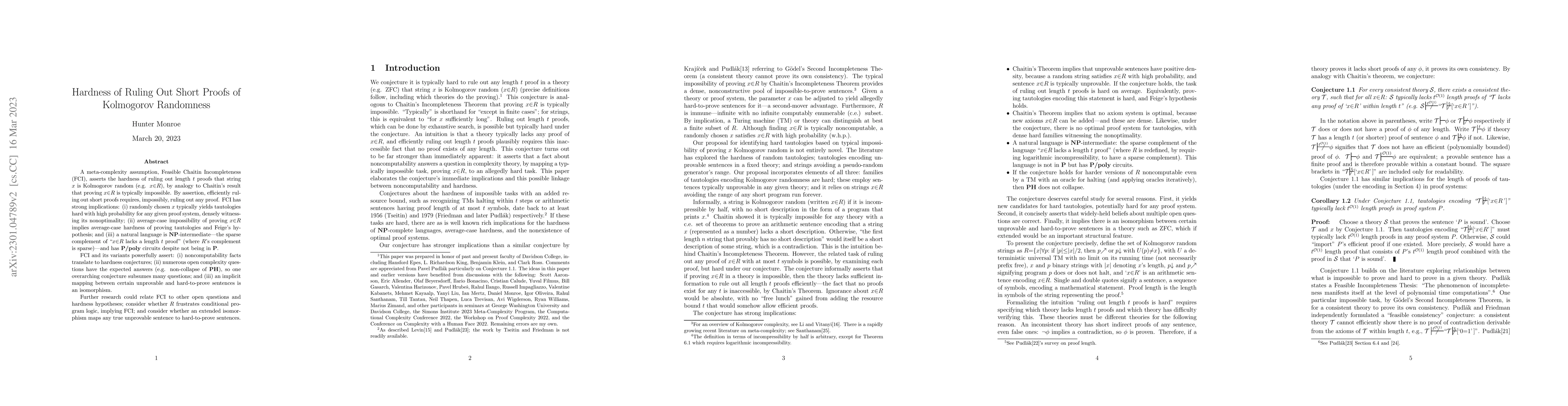 Thumbnail for Hardness of Ruling Out Short Proofs of Kolmogorov Randomness