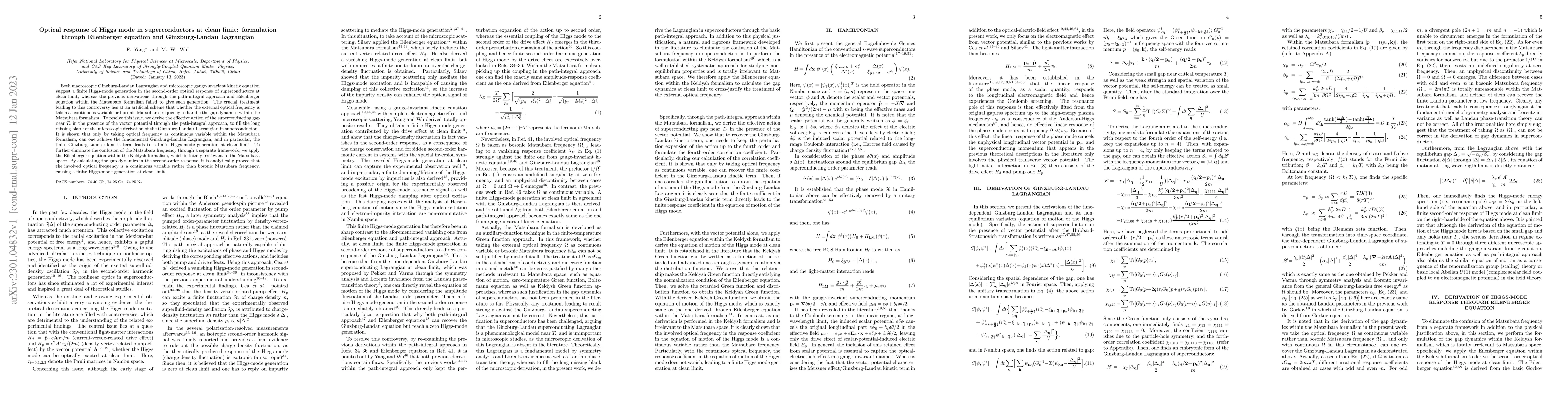 Thumbnail for Optical response of Higgs mode in superconductors at clean limit:
  formulation through Eilenberger equation and Ginzburg-Landau Lagrangian