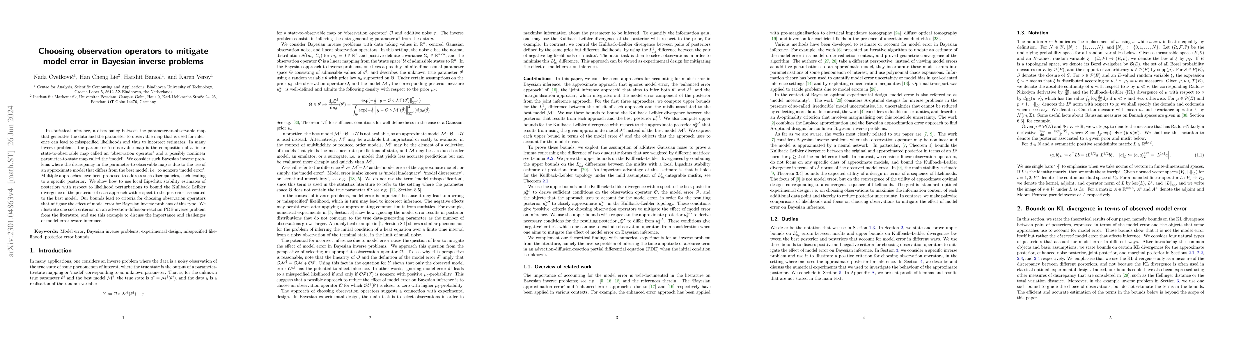 Thumbnail for Choosing observation operators to mitigate model error in Bayesian
  inverse problems