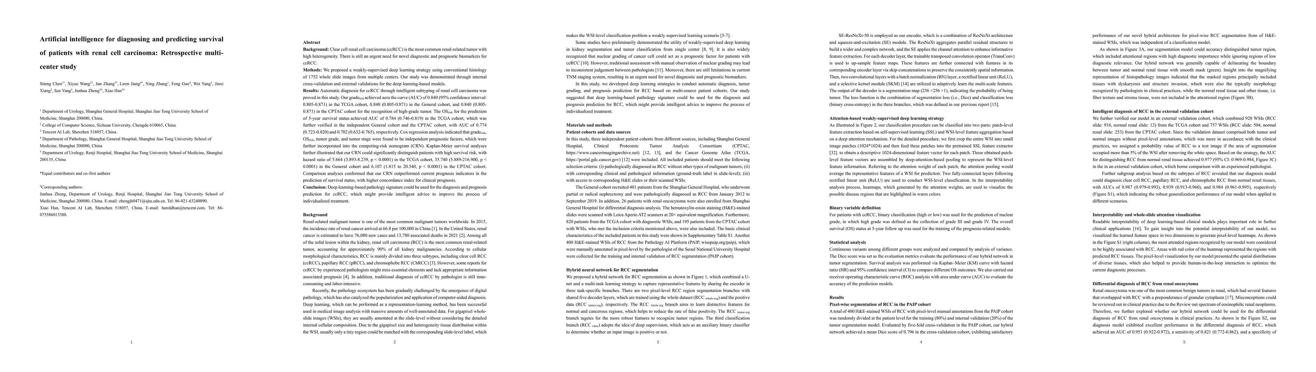 Thumbnail for Artificial intelligence for diagnosing and predicting survival of
  patients with renal cell carcinoma: Retrospective multi-center study