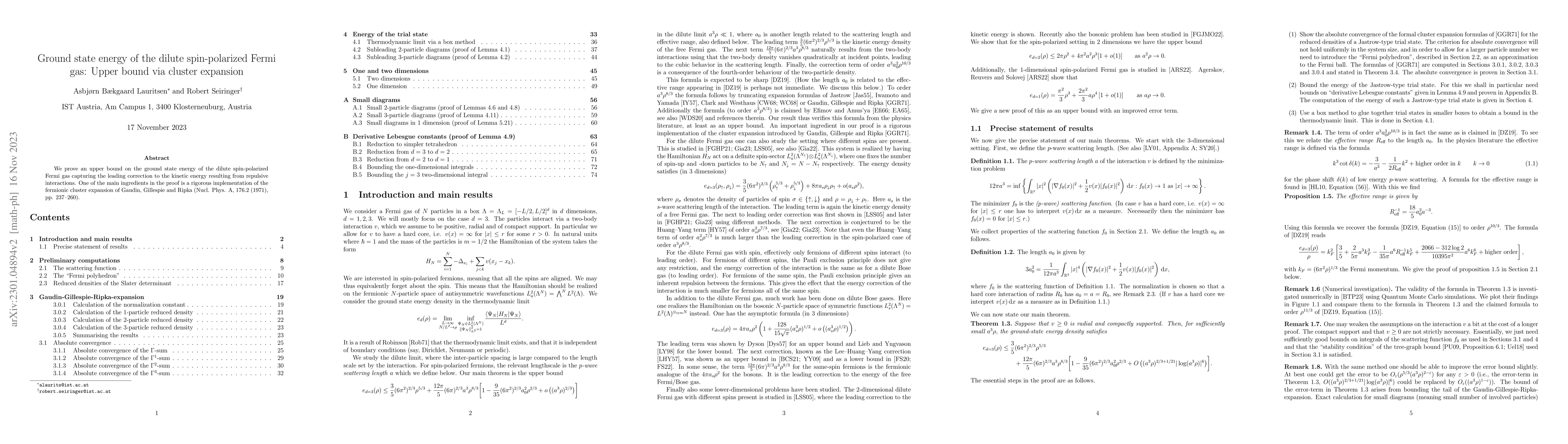 Thumbnail for Ground state energy of the dilute spin-polarized Fermi gas: Upper bound
  via cluster expansion