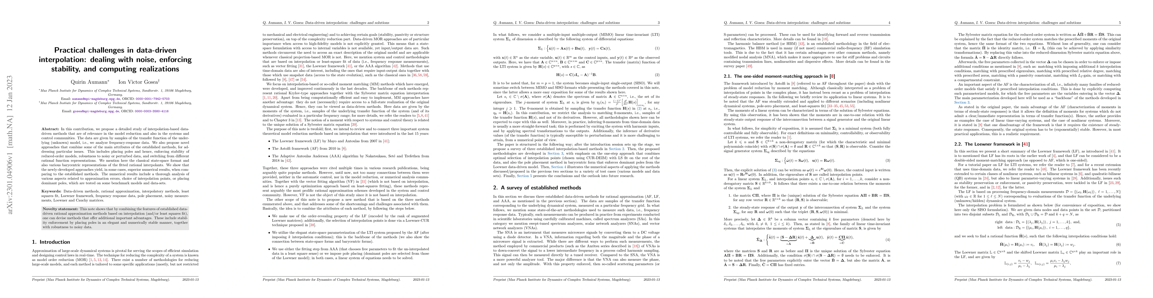 Thumbnail for Practical challenges in data-driven interpolation: dealing with noise,
  enforcing stability, and computing realizations