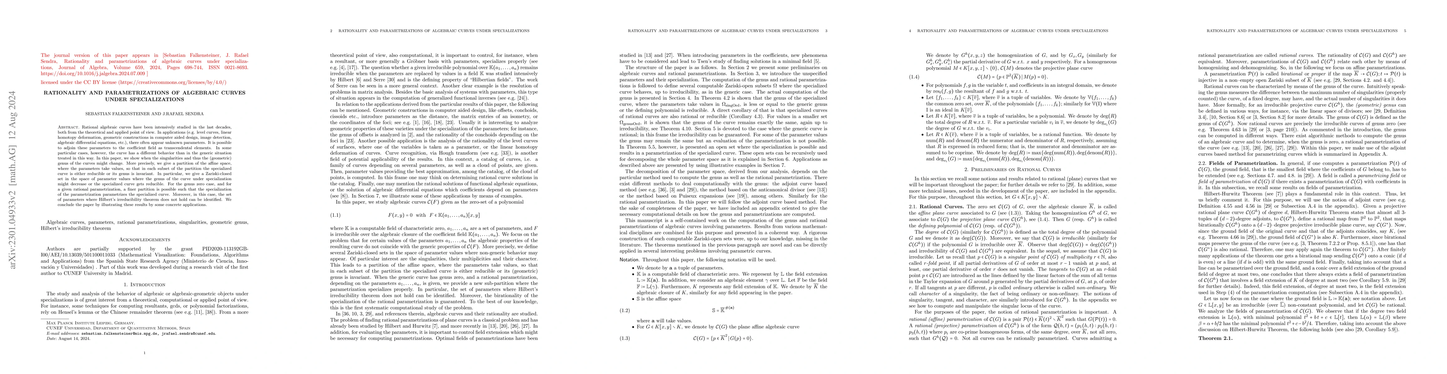 Thumbnail for Rationality and Parametrizations of Algebraic Curves under
  Specializations