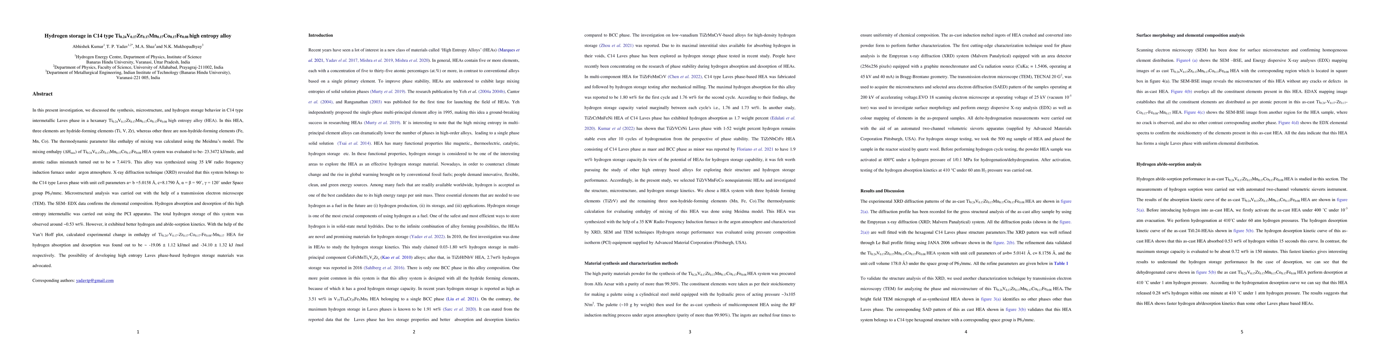 Thumbnail for Hydrogen storage in C14 type TiVZrMnCoFe high entropy alloy