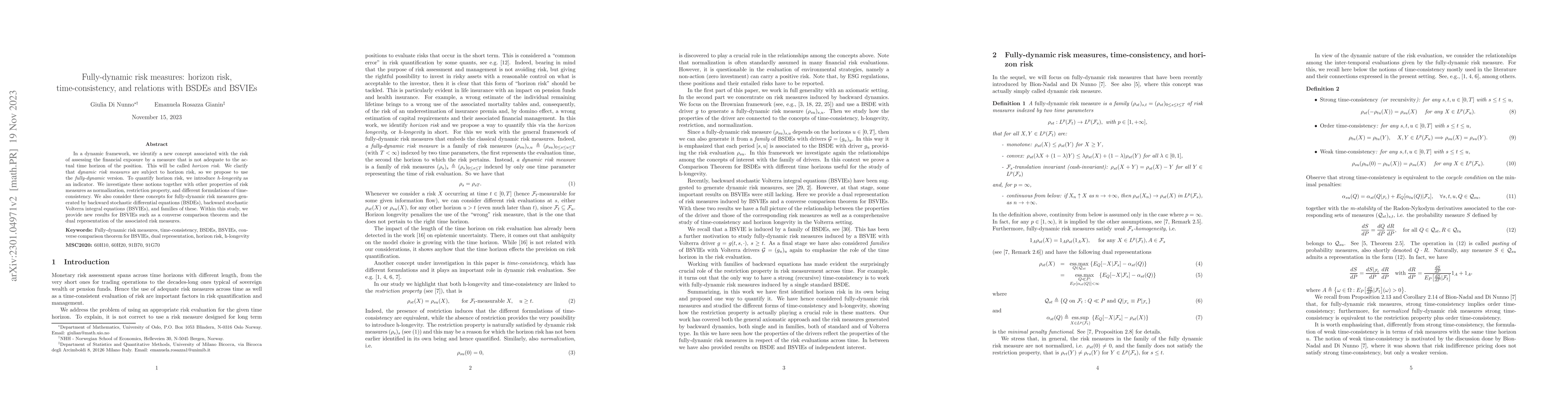 Thumbnail for Fully-dynamic risk measures: horizon risk, time-consistency, and
  relations with BSDEs and BSVIEs