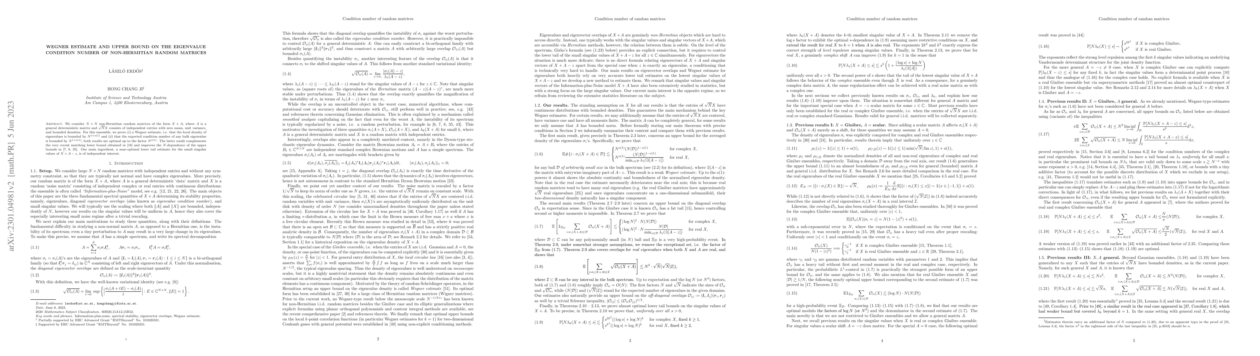 Thumbnail for Wegner estimate and upper bound on the eigenvalue condition number of
  non-Hermitian random matrices