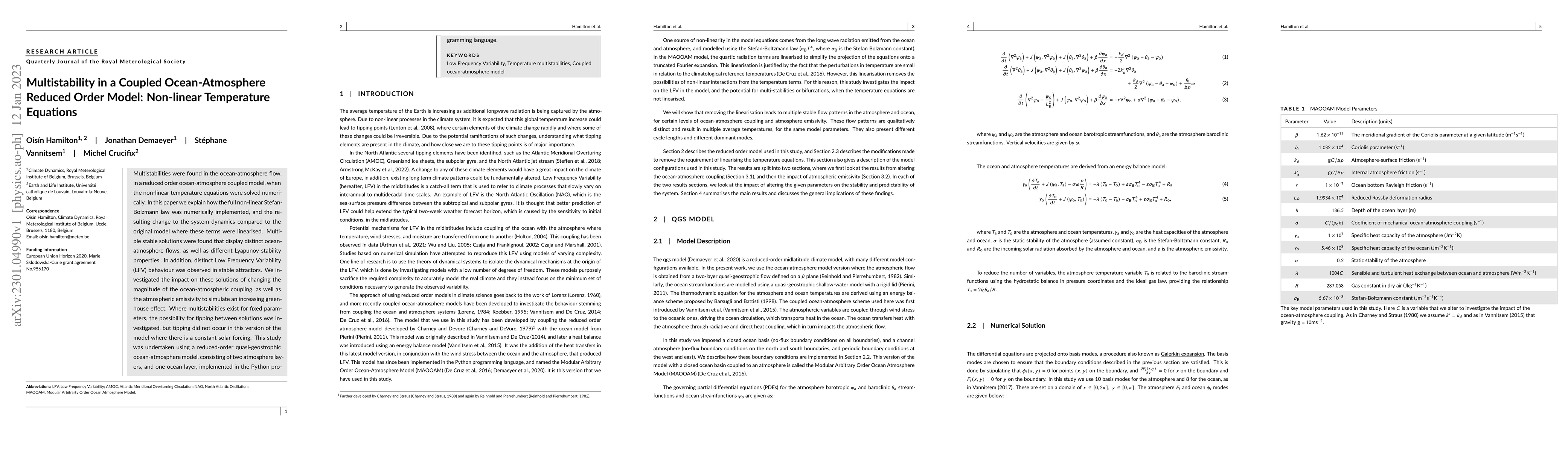 Thumbnail for Multistability in a Coupled Ocean-Atmosphere Reduced Order Model:
  Non-linear Temperature Equations