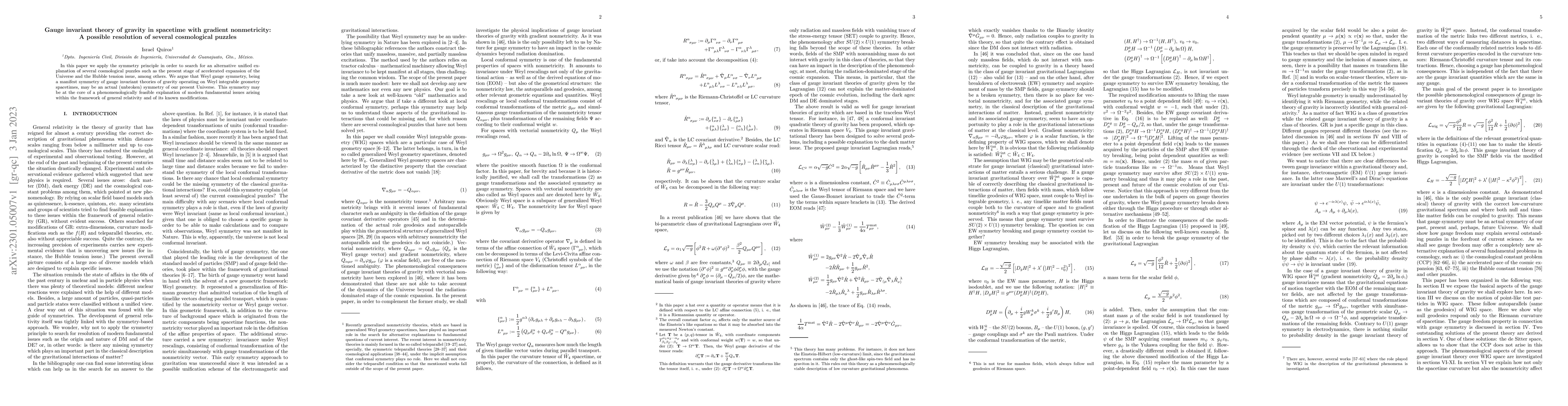 Thumbnail for Gauge invariant theory of gravity in spacetime with gradient
  nonmetricity: A possible resolution of several cosmological puzzles