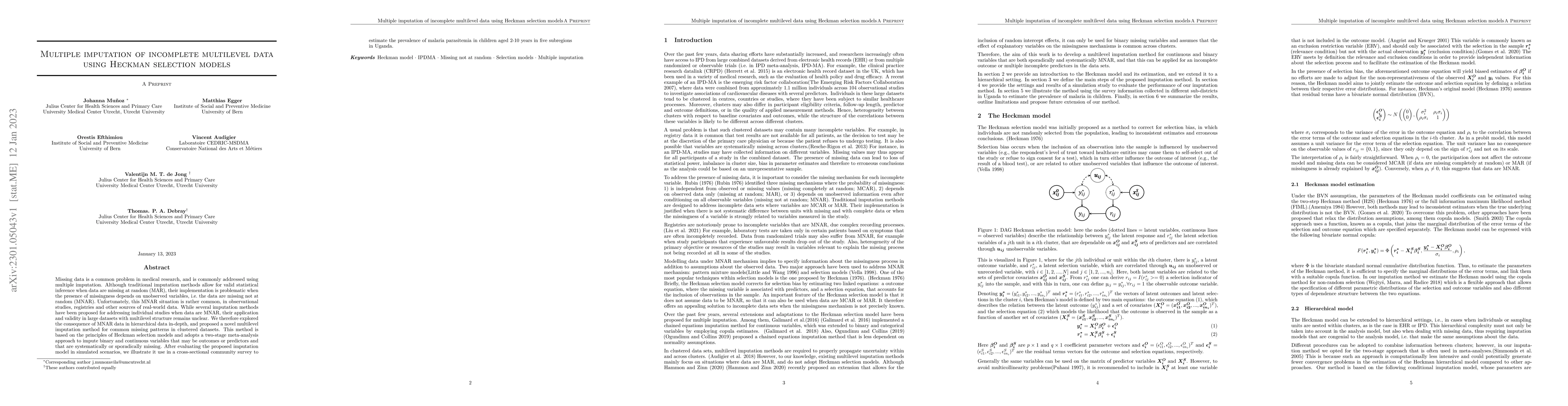 Thumbnail for Multiple imputation of incomplete multilevel data using Heckman
  selection models