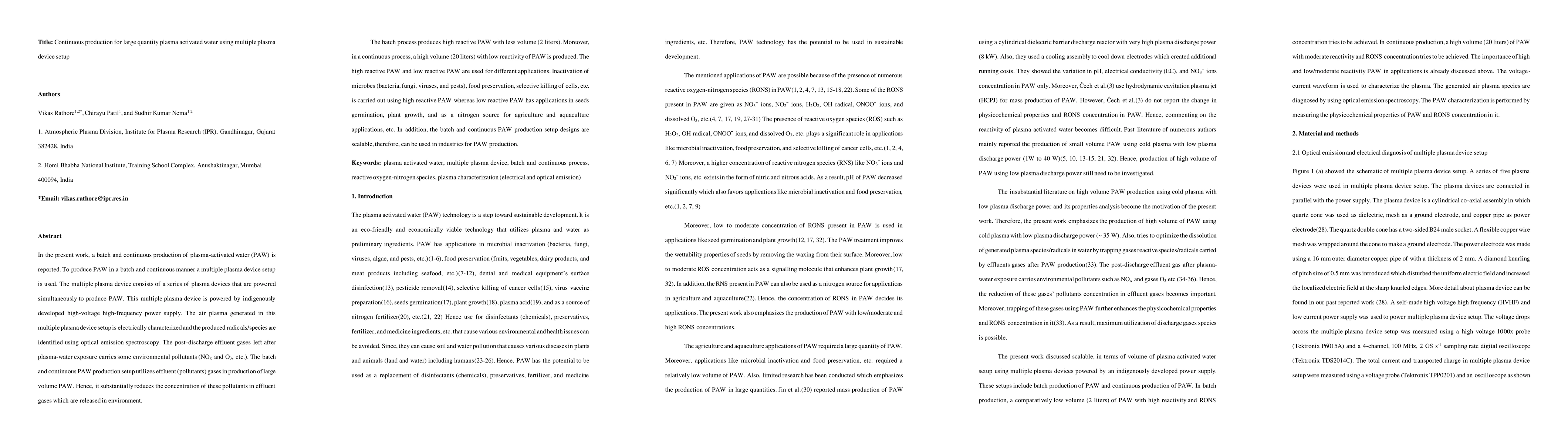 Thumbnail for Continuous production for large quantity plasma activated water using
  multiple plasma device setup