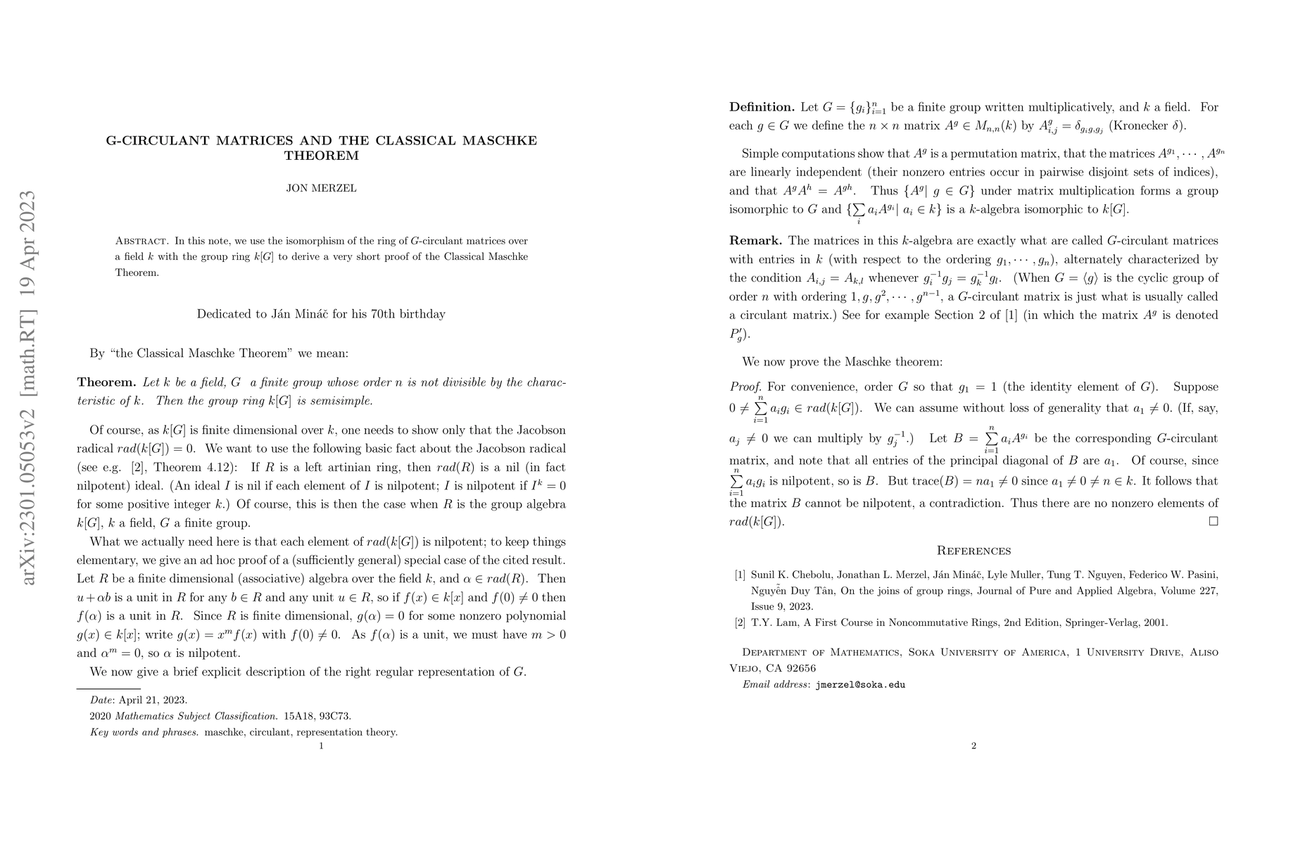 Thumbnail for $G$-circulant Matrices and the Classical Maschke Theorem