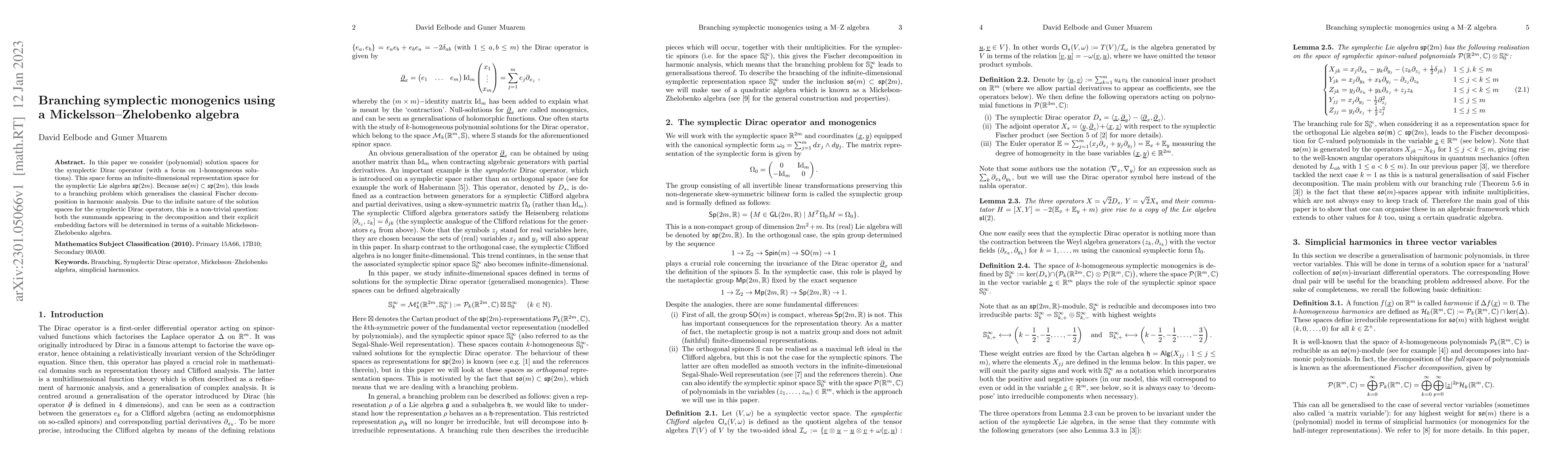 Thumbnail for Branching symplectic monogenics using a Mickelsson--Zhelobenko algebra