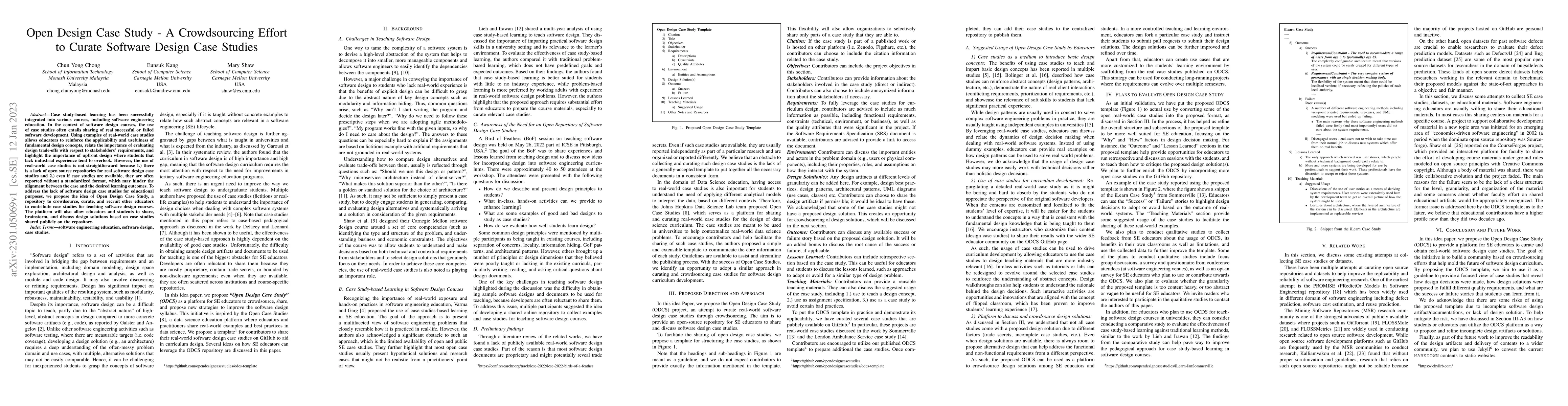 Thumbnail for Open Design Case Study -- A Crowdsourcing Effort to Curate Software
  Design Case Studies
