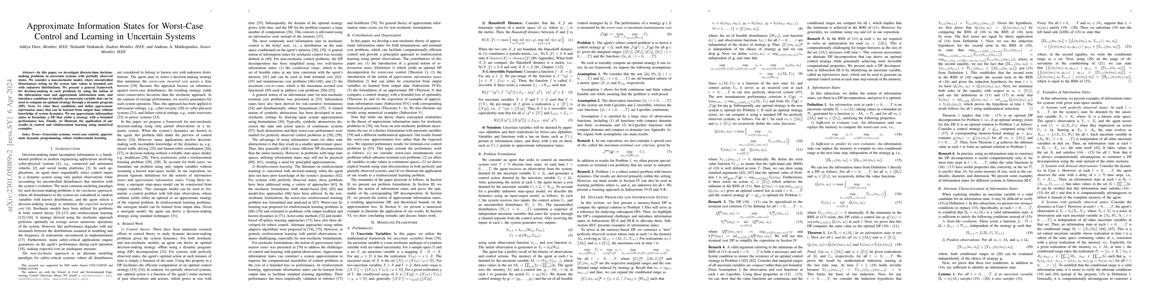 Thumbnail for Approximate Information States for Worst-Case Control and Learning in
  Uncertain Systems