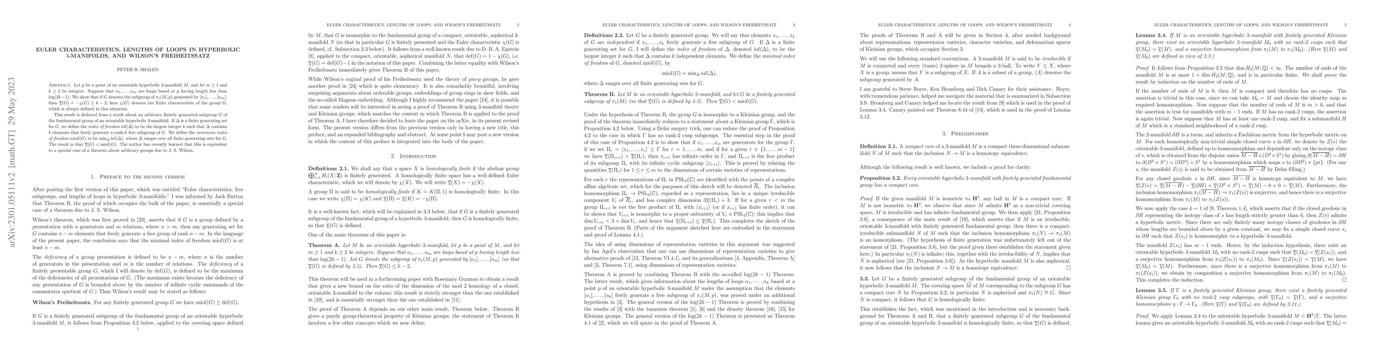Thumbnail for Euler characteristics, lengths of loops in hyperbolic 3-manifolds, and
  Wilson's Freiheitssatz